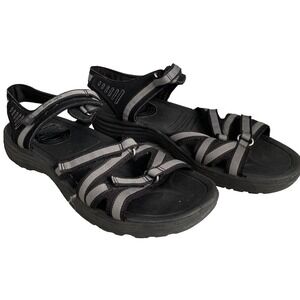 Sketchers Women 10 Sandals Leather Textile Strappy Black Hiking Fitness Tone-Up